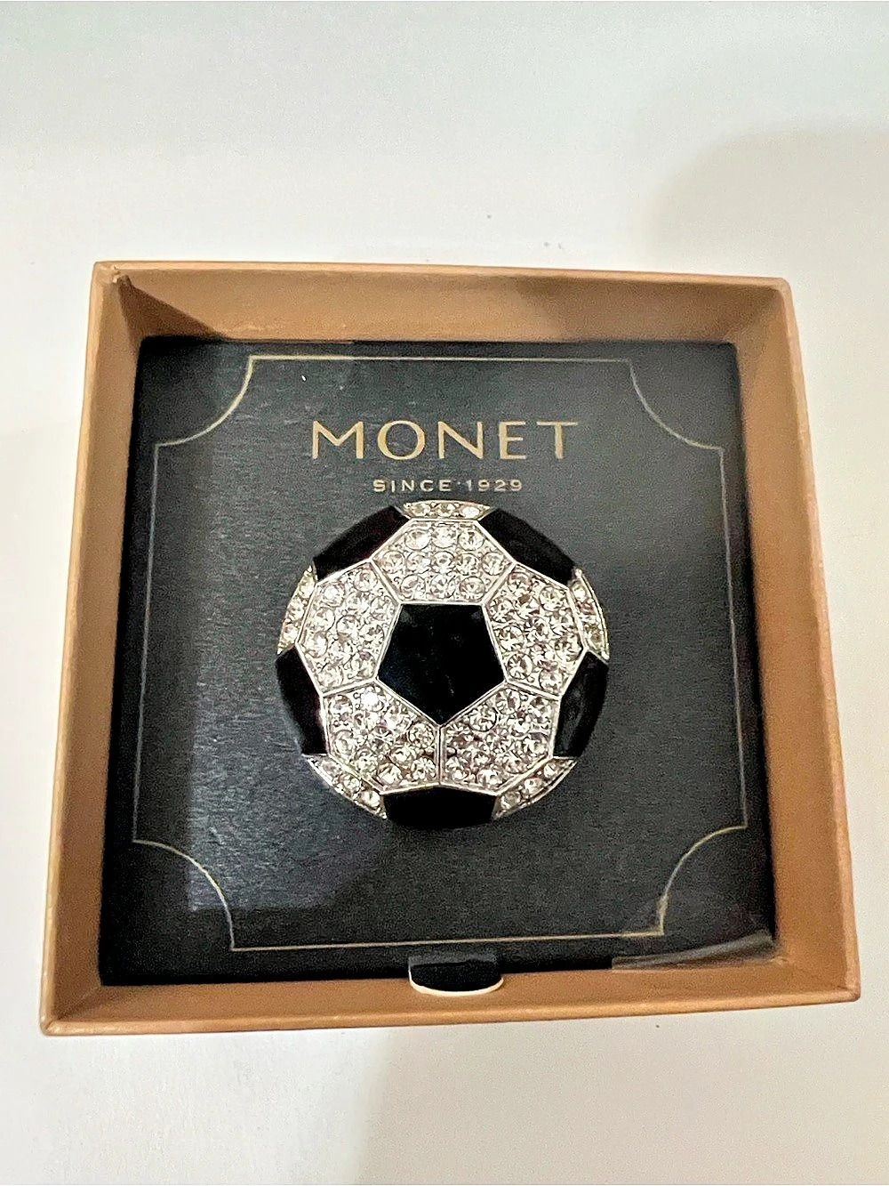 Monet Soccer Ball Rhinestone Brooch Black & Silver